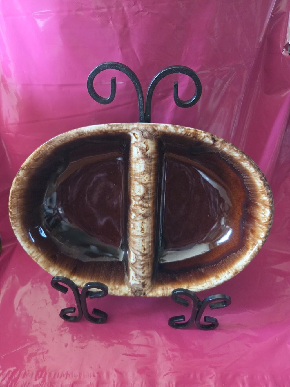 VTG Kathy Kale Pottery Brown Drip Glaze 11 Divided Vegetable Serving Dish USA